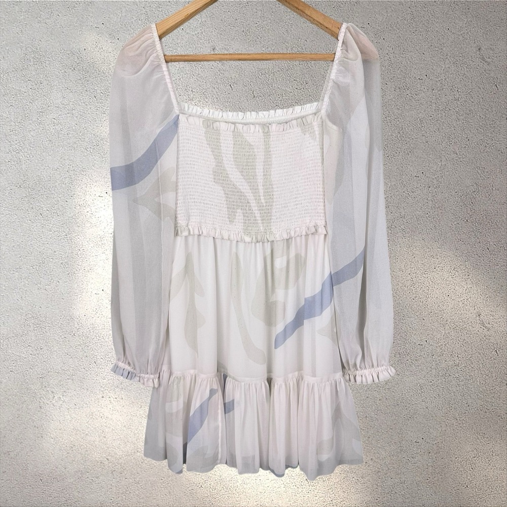 Aritzia Wilfred Tempest Smocked Chiffon Babydoll Mini Dress Sz S Abstract Sheer - Picture 6 of 7